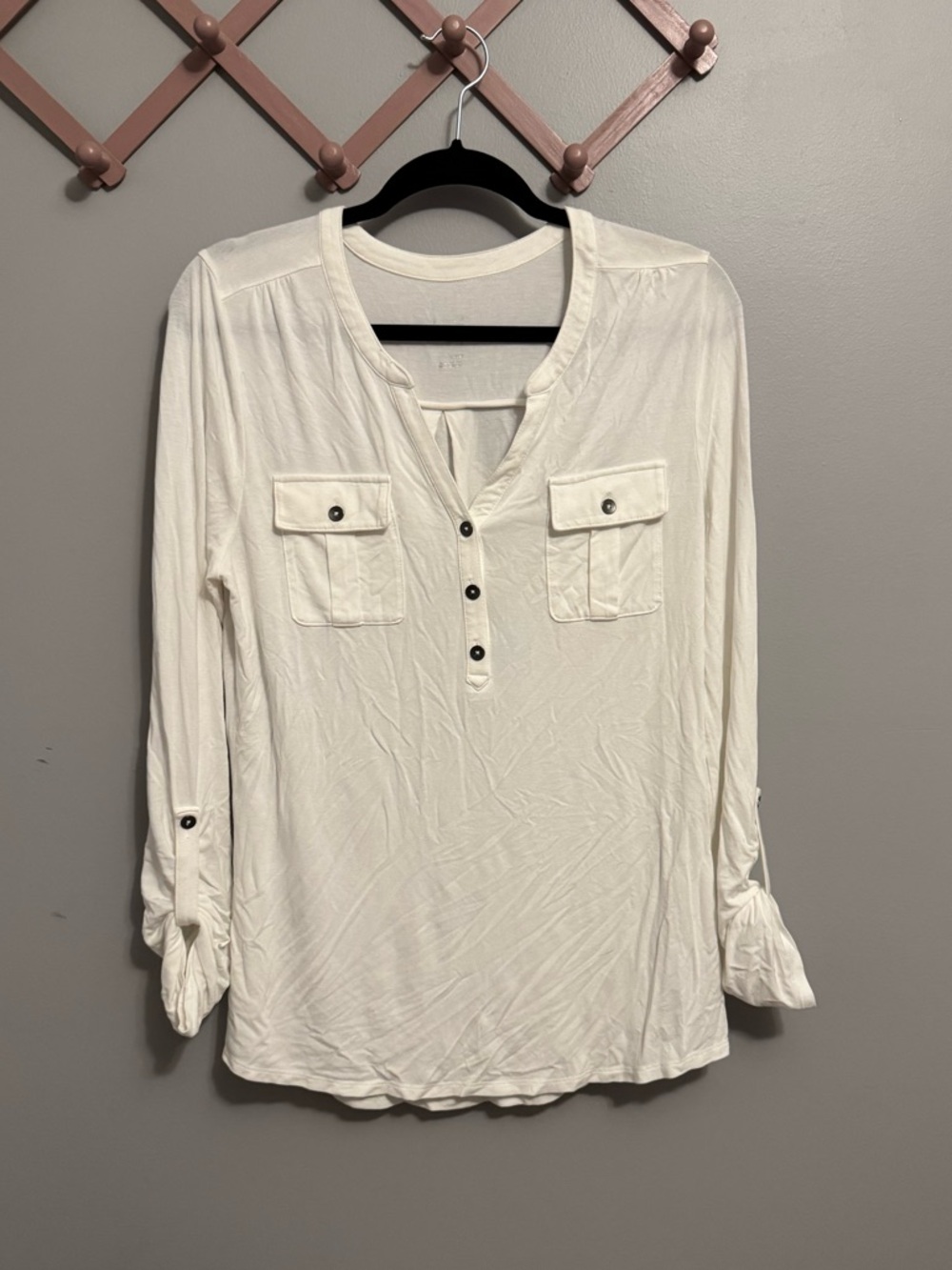 Women’s White Button-Front Pocket Knit Henley Top